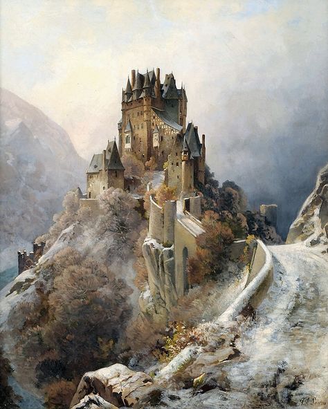 Castle Painting, Castle Art, History Painting, Winter Painting, Fantasy Castle, Fantasy Places, Architectural Drawings, A Castle, Victorian Art