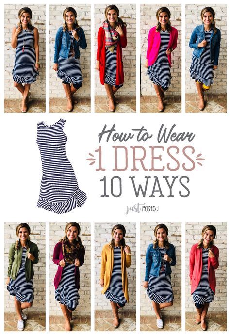 How to wear 1 striped navy dress 10 different ways! This navy striped dress can be worn and styled so many ways and for all the seasons! It is also a perfect piece for a capsule wardrobe! Navy Striped Dress Outfit, Wardrobe Hacks, Navy Dress Outfits, Striped Dress Outfit, Navy Striped Dress, Wardrobe Building, Geek Chic Fashion, Minimalist Moda, Styling Outfits