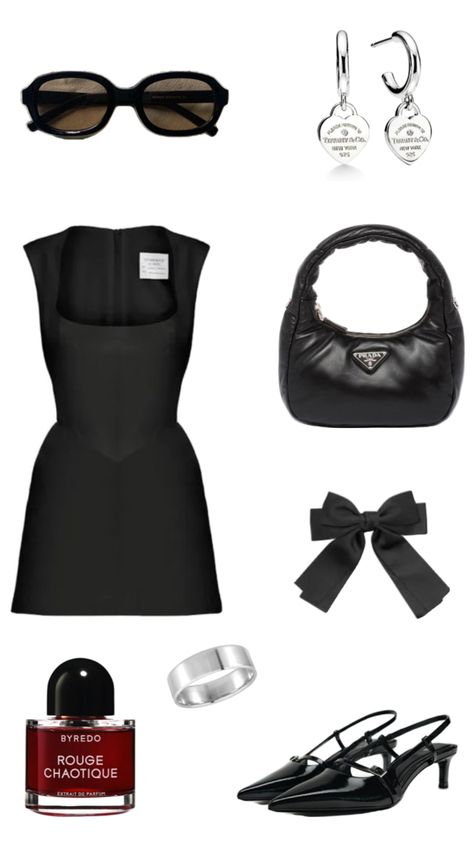 Tiffing and co jewlery, byredo perfume, black kitten heels, Prada bag Bow Heels Outfit, Heels Outfits Dress, Byredo Perfume, Prada Outfits, Kitten Heels Outfit, Classy Going Out Outfits, Perfume Black, Preppy Chic Outfits, Black Bow Dress