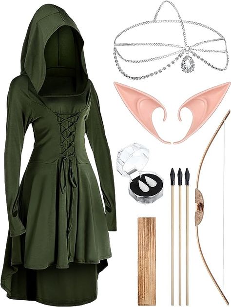 Medieval Fairy Costume Set: you will receive 1 set of Irish dance costume for women, including 1 pair of elf latex ears, 1 pair of elf teeth, 1 multi tassel dribble rhinestone headband, 1 wooden bow with 3 arrows, and 1 Medieval hooded dress, which can meet the demand that you dress up for the Renaissance Viking Elf, Medieval Fairy, Irish Costumes, Costumes 2023, Costumes 2024, Irish Dance Costume, Bow And Arrow Set, Costumes College, Fairy Ears