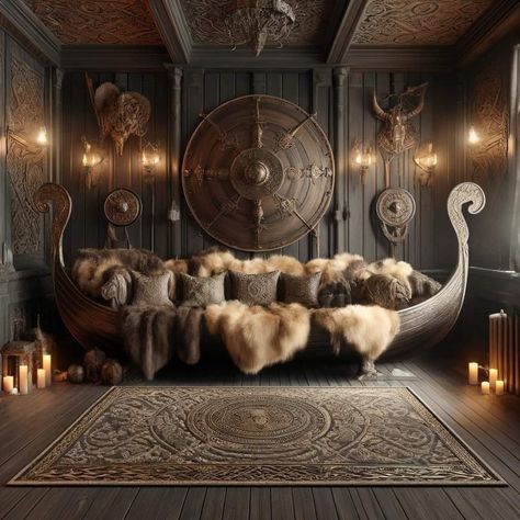 Norse Home Aesthetic, Modern Viking Interior Design, Viking Living Room Decor, Viking Bed Frame, Viking Living Room, Viking Inspired Home, Viking Interior Design, Viking Decor Interior Design, Viking House Interiors