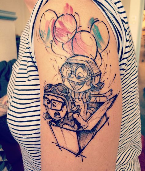 Up Carl Y Ellie, Galaxy Tattoos, Disney Tattoos Quotes, Yarn Tattoo, Disney Inspired Tattoos, Tattoos For Moms, Disney Sleeve Tattoos, Tattoo Disney, Circle Tattoos