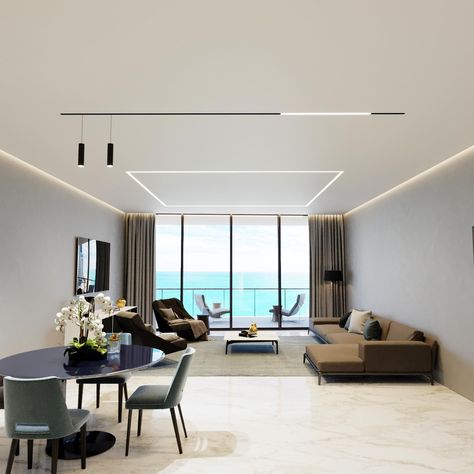 Modern Sealing Design, Roof Design Interior Ceilings, Scandinavian False Ceiling Design, Flat False Ceiling Design, Led Profile Living Room, False Ceilings For Living Room, Led Profile Lighting Design Ceiling Living Room, Siling Light Design Living Room, Living Room Cove Lighting