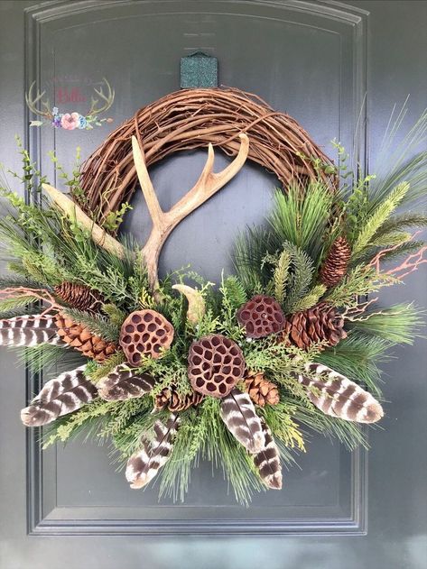 https://pin.it/6p146YksR Antler Wreaths For Front Door, Wreath With Turkey Feathers, Turkey Feather Arrangement, Deer Antler Wreath Diy, Antler Floral Arrangement, Turkey Feather Wreath, Antler Wreath Diy, Pine Wreath Diy, Turkey Feather Art