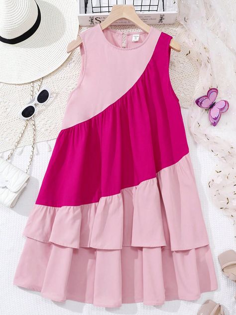 Pink Cute Collar Sleeveless Woven Fabric  A Line,Smock Embellished Non-Stretch  Teen Girls Clothing Patchwork, Teen Girls Dresses, Summer Fashion Dresses Casual, Streetwear Dress, Kids Dress Wear, Teen Girl Dresses, Baby Dress Patterns, Girl Dress Patterns