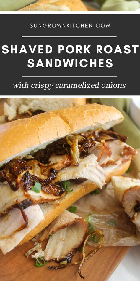 Shaved pork roast with crispy caramelized onions on a hoagie bun. Hot Pork Sandwiches, Pork Roast Sliders, Leftover Pork Loin Sandwich Recipes, Sliced Pork Sandwich Recipes, Shaved Pork Sandwiches, Shaved Pork Recipes, Pork Loin Sandwich Recipes, Pork Tenderloin Sandwich Recipes, Pork Roast Sandwiches