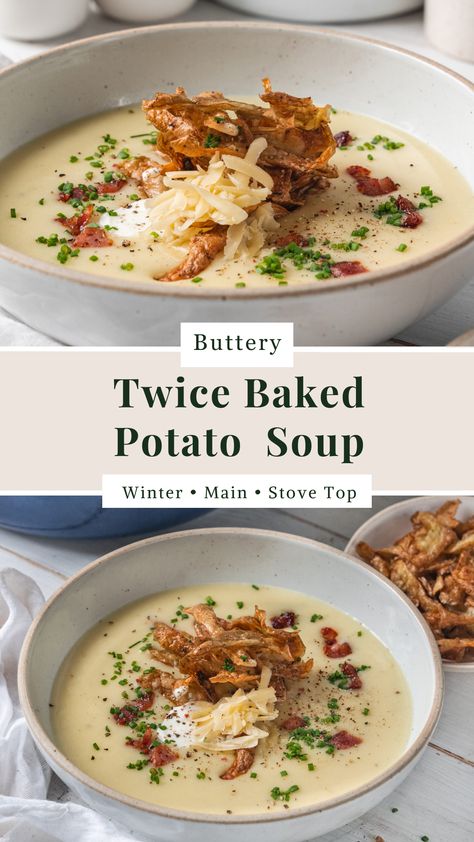 Twice Baked Potato Soup Twice Baked Potato Soup, Crispy Potato Skins, The Original Dish, Twice Baked Potato, Loaded Baked Potato Soup, Quick And Easy Soup, Creamy Potato Soup, Potato Skin, Creamed Potatoes