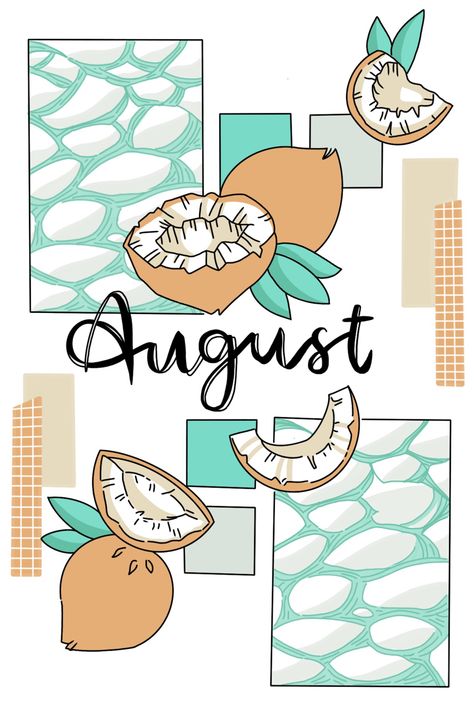 August Aesthetic Drawing, Month Journal Cover, August Calendar Ideas, August Journal Ideas, August Aesthetic Month, Bullet Journal Ideas August Cover, June Bullet Journal Cover Aesthetic, Fruit Journal, August Cover Page Bullet Journal