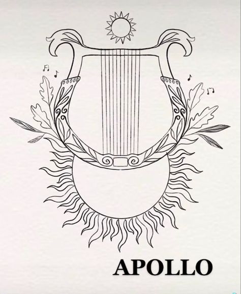 Apollo Tattoos Greek God, Apollo Aesthetic Tattoo, Artemis Apollo Tattoo, Easy Greek Mythology Drawings, Apollo Lyre Tattoo, Apollo Symbol Greek Mythology, Greek Aesthetic Drawing, Apollo Inspired Tattoo, Greek God Apollo Tattoo