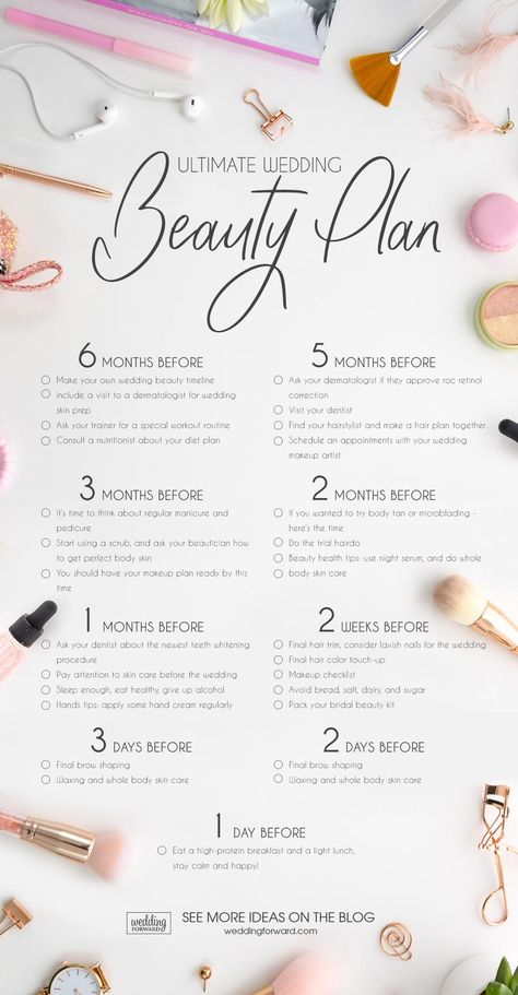 The Ultimate Wedding Beauty Plan (From Head To Toe) ❤︎ Wedding planning ideas & inspiration. Wedding dresses, decor, and lots more. #weddingideas #wedding #bridal Wedding Reception Ideas, Bridal Beauty Timeline, Wedding Beauty Plan, Wedding Beauty Timeline, Beauty Plan, Wedding Planning Timeline, Wedding Planning Guide, Future Wedding Plans, Wedding Timeline