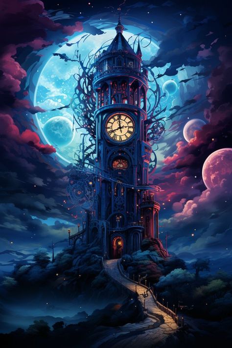 Magical Library Fantasy Art, Celestial Clock, Imagination Illustration, Magical Library, Wallpaper Fantasy, Landscape Digital Art, Art Niche, Fantasy Wallpaper, Landscape Digital