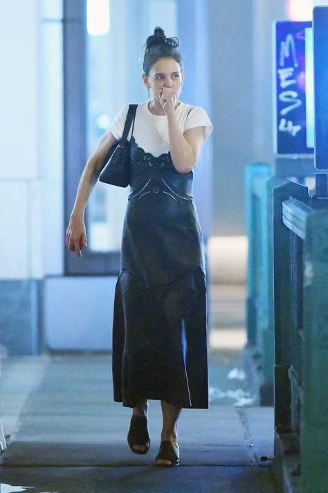 Katie Holmes In A Slip Dress Feels Like It's The '90s All Over Again Black Slip Dress Street Style, Slip Dress Shirt Outfit, Tokyo Dress Style, Summer Slip Dress Outfit, Slip Dress Outfit Street Styles, Katie Holmes 2023, Layering Dress Outfit, 90s Slip Dress Outfit, Black Slip Dress Outfit