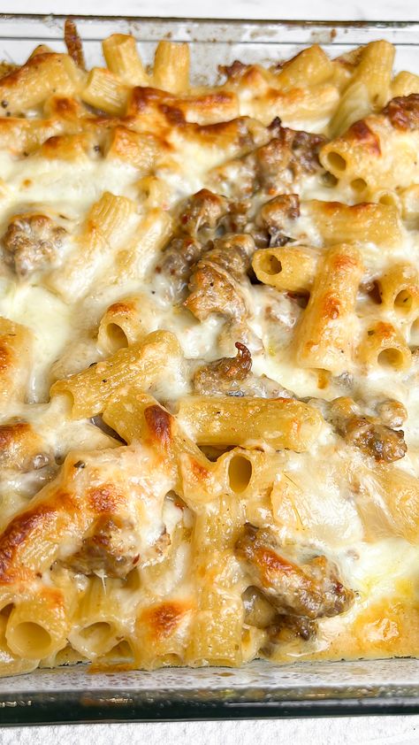 Creamy Sausage Alfredo Bake – Bad Batch Baking - Restaurant... Alfredo And Sausage Pasta, Sausage And Alfredo Sauce, Creamy Sausage Pasta Bake, Ground Italian Sausage Pasta Recipes, Sweet Sausage Pasta, Ground Sausage Alfredo Pasta, Breakfast Sausage Pasta, Chicken Sausage Alfredo Pasta, Sausage Alfredo Rigatoni