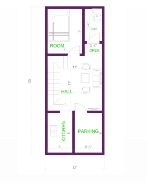 12×30 House Plan, 12x30 House Plans, 12x30 Tiny House Floor Plans, Hall Room Design, Smart House Plans, Mini House Plans, Micro House Plans, 20x30 House Plans, 20x40 House Plans