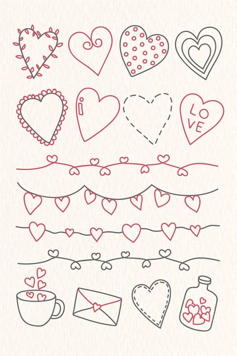 Hand drawn love and valentine's day doodle vector collection | premium image by rawpixel.com / marinemynt #vector #vectoart #digitalpainting #digitalartist #garphicdesign #sketch #digitaldrawing #doodle #illustrator #digitalillustration #modernart Doodles For Him, Valentines Day Doodle, Valentines Day Doodles, Valentine Drawing, Valentine Doodle, February Bullet Journal, Valentines Day Drawing, Doodle Vector, Heart Doodle