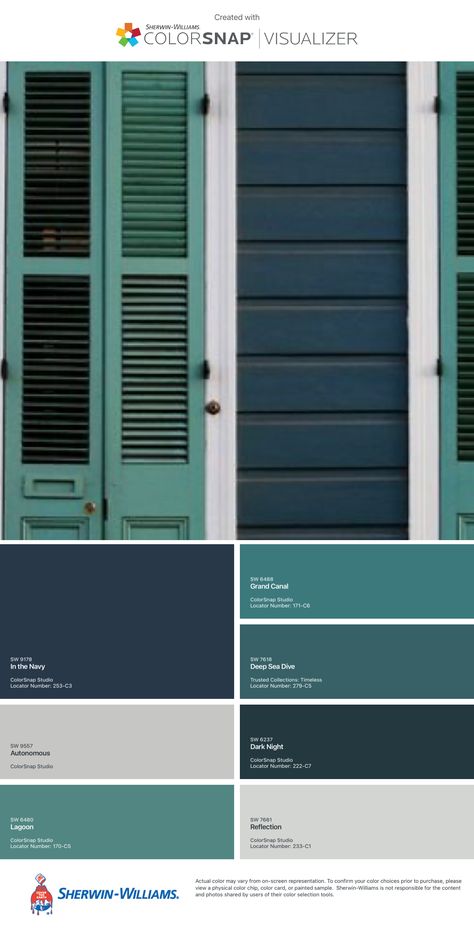 Turquoise Blue House Exterior, Dark Teal Siding, Dark Turquoise Exterior House Paint, Boathouse Exterior Colors, Teal House Paint Exterior, Green And Blue Exterior House Colors, Teal Siding Exterior, Blue And Green House Exterior, Blue Green House Color Scheme