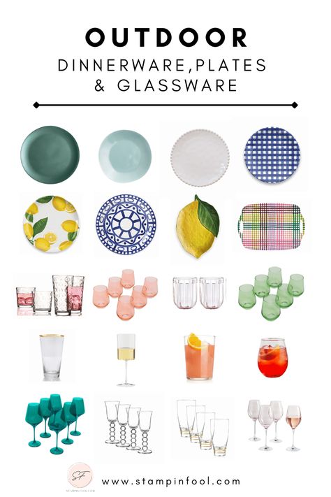 A colorful array of summer outdoor plates, cups and serving platters for your outdoor dining table. Melamine Plates Dinnerware, Colorful Wine Glasses, Outdoor Dishes, Outdoor Glassware, Outdoor Plates, Picnic Plates, Plates And Cups, Melamine Dinnerware Sets, Bohemian Outdoor