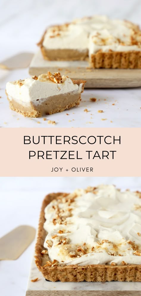 Rich, creamy and loaded with flavor, butterscotch is a special flavor that you have to work hard for, but totally worth it. Made with a pretzel tart crust, creamy butterscotch filling, and brown sugar whipped cream this tart is salty and sweet goodness and a must for your holiday table. #tart #pretzel #butterscotch #dessert #holiday Pies With Pretzel Crust, Must Have Recipes, Pretzel Crust Pie, Butterscotch Dessert Recipes, Holiday Tart Recipes, Pretzel Crust Dessert, Pretzel Desert, Pound Cake Dessert Ideas, Tarts Recipe Dessert