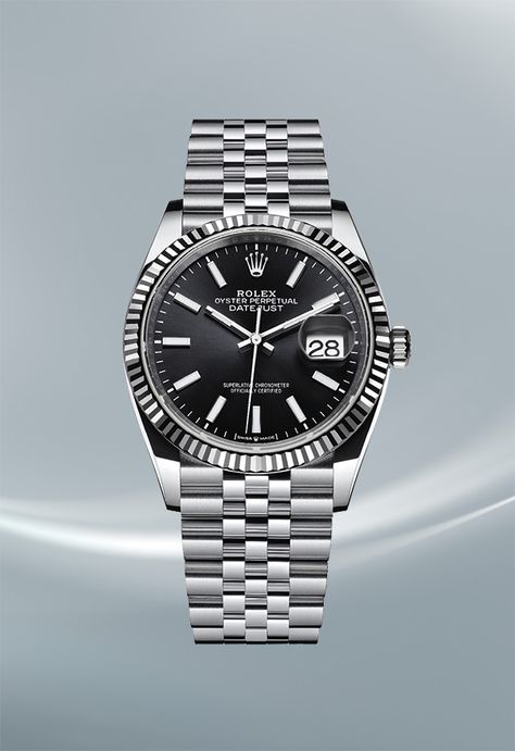 The Oyster Perpetual Datejust 36 in a white Rolesor version (combining Oystersteel and 18ct white gold) features a refined black sunray-finish dial, a fluted bezel and a Jubilee bracelet. #Rolex #Datejust #Baselworld2019 Corel Draw Design, Rolex Oyster Perpetual Datejust, Rolex Datejust Ii, Oyster Perpetual Datejust, Swiss Army Watches, Watches Rolex, Men's Watches Luxury, Mens Chronograph, Chronograph Watch Men