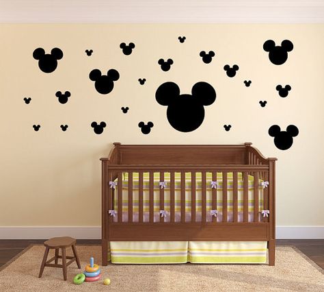 Mickey Mouse Kids Room, Mickey Mouse Wall Decals, Disney Baby Nurseries, Disney Decal, Disney Themed Nursery, Baby Boy Nursery Woodland, Woodland Bedroom, Nursery Diy Projects, Disney Wall Decals