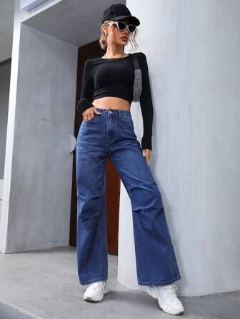 Vintage Street Drop Waist Flap Pockets With Tape Loose Straight Leg Cargo Jeans | SHEIN USA Cheap Full-length Summer Cargo Jeans, Trendy Full-length Cargo Jeans With Belt Loops, Mid-rise Medium Wash Cargo Jeans With Belt Loops, Cheap 90s High-rise Cargo Jeans, Streetwear Full-length Cargo Jeans With Elastic Waistband, Jeans Outfit Women, Cargo Jeans, Drop Waist, Flap Pocket