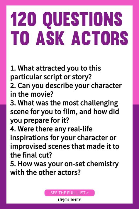 Explore the ultimate list of 120 thought-provoking questions to ask actors! Whether you're hosting a Q&A session or just curious about their craft, these questions will spark engaging conversations and insights. Perfect for aspiring actors, filmmakers, or anyone interested in the creative process. Elevate your interviews and deepen your industry knowledge with this comprehensive resource. Questions For Actors, Questions To Ask Celebrities, Interview Questions To Ask, 21 Questions, Asking The Right Questions, Getting To Know Someone, 20 Questions, The Creative Process, Meaningful Conversations