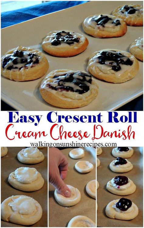 Easy Cream Cheese Danish Recipe with Crescent Rolls from Walking on Sunshine Recipes. Breakfast With Cream Cheese Easy, Philsbury Crescent Recipes Desserts, Canned Biscuit Cream Cheese Danish, Cresent Roll Danish Recipes, Lemon Blueberry Danish, Blueberry Cream Cheese Danish Puff Pastry, Crescent Roll Breakfast Recipes Sweet, Cream Cheese Danish With Crescent Rolls, Breakfast Fingerfood Ideas