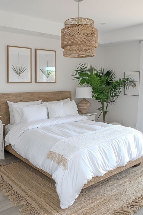 Bedroom Decor Rustic Modern, Rental Bedroom Ideas Apartment, Seagrass Bedroom Ideas, White Beach Bedroom, Home Bedroom Refresh, Small Bedroom Lighting Ideas, Light Airy Home, Cozy Summer Bedroom, Boho Beach Room