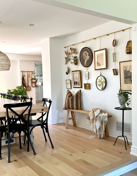 Tired of gallery walls, try a picture rail instead — The Kwendy Home Home Library Gallery Wall, Picture Rail Vaulted Ceiling, Gallery Wall Chair Rail, Frame Rail Gallery Wall, Rail Picture Wall, Picture Rail Kitchen, Diy Picture Hanging Rail, Hanging Rail Ideas, Extra Large Gallery Wall