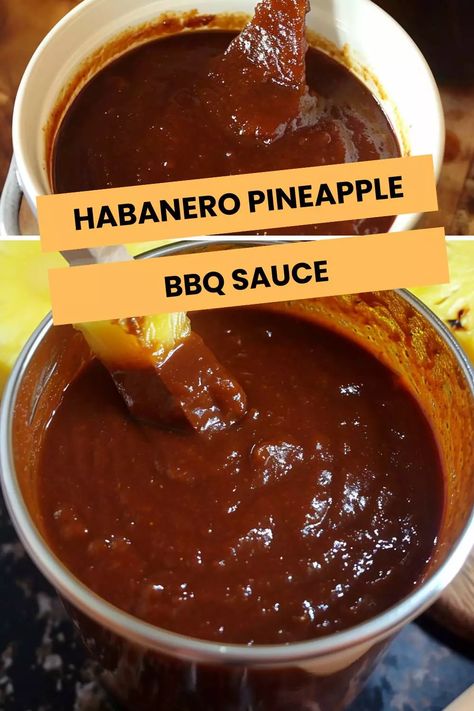 habanero pineapple bbq sauce Unique Bbq Sauce, Hawaiian Bbq Sauce, Pineapple Bbq Sauce, Pineapple Habanero Sauce, Habanero Recipes, Bbq Sauce Homemade Easy, Homemade Bbq Sauce Recipe, Habanero Sauce, Honey Bbq Sauce