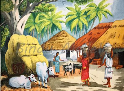 crazy for colors!: Indian village in water color Village Scene Drawing, Farmer Painting, Village Drawing, Village Painting, Drawing Scenery, Composition Painting, India Painting, Scene Drawing, Indian Village