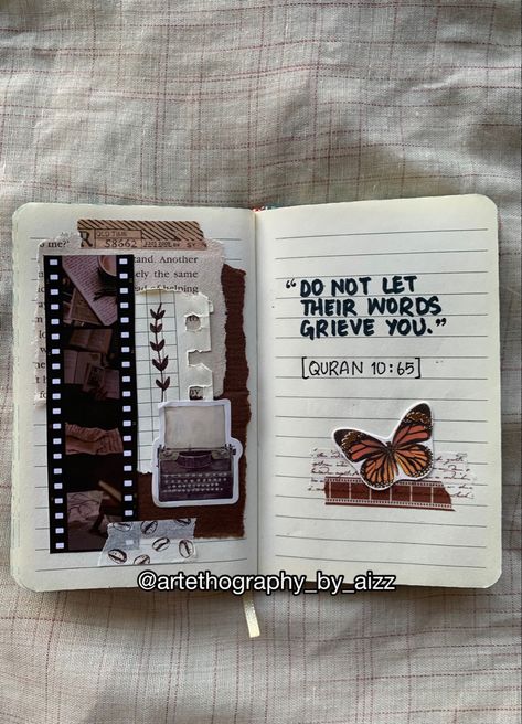 FOLLOW MY INSTAGRAM FOR MORE STUFF. 🤎 Islamic Scrapbook Ideas, Islamic Scrapbook, Quran Journaling Ideas, Islamic Journal Ideas, Islamic Journal, Quran Journaling, Quran Journal, Journal Inspiration Writing, Bullet Journal Cover Ideas