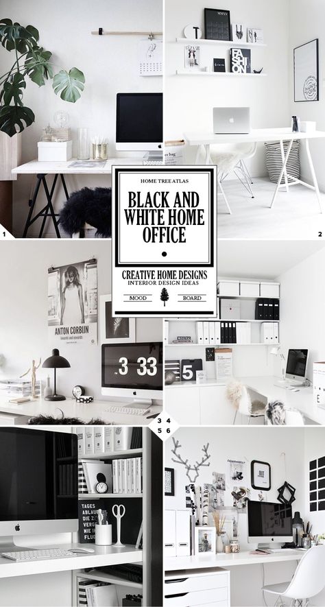 Black and White Home Office Ideas and Designs Black And White Office Decor Ideas, Modern Office Black And White, Black White Home Office, Brown And White Office, Black And White Small Office, Office Ideas Black And White, White And Black Office Decor, Black White And Gold Home Office Ideas, Home Office Ideas Black And White