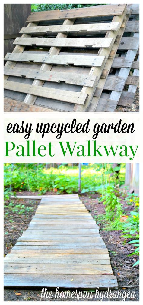 Easy Upcycled Garden Pallet Walkway - See how you can turn a couple of old wood pallets into an upcycled garden walkway! Wood Pallet Walkway, Pallet Walkway, Pallet Gardening, Diy Wood Pallet, Wood Walkway, Upcycled Garden, Garden Pallet, Pallet Garden Furniture, Jardim Diy