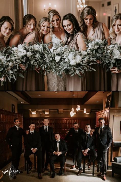 Winter Wedding Pictures Bridal Party, Indoor Wedding Family Photos, Wedding Party Photos Indoor, Indoor Bridesmaid Photos, Winter Wedding Photography Indoor, Winter Bridal Party Photos, Indoor Winter Wedding Photos, Moody Bridal Party Photos, Winter Wedding Party Photos