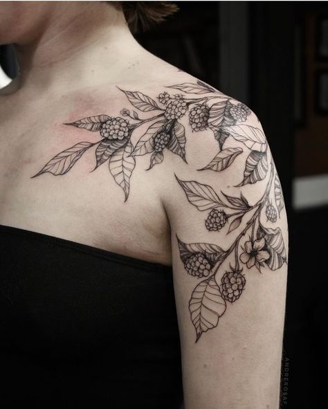 Forearm Garden Tattoo, Blackberry Vine Tattoo Arm, Blackberry Collar Bone Tattoo, Nature Collar Bone Tattoo, Blackberry Tattoo Sleeve, Blackberry Shoulder Tattoo, Botanical Neck Tattoo, Raspberry Plant Tattoo, Stiple Shade Tattoo