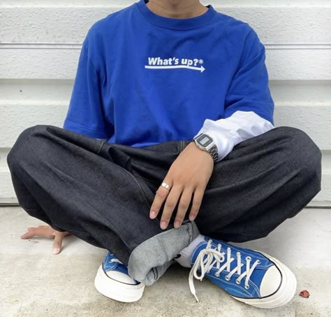 Male Clothes Aesthetic Casual, Dark Blue Outfit Aesthetic Men, Navy Blue Aesthetic Outfit Men, Blue Vans Outfit Men, Converse Blue Outfit, Blue Converse Outfit Men, Blue Outfit Male Aesthetic, Blue Streetwear Outfit Men, Blue Sweater Outfit Men Aesthetic