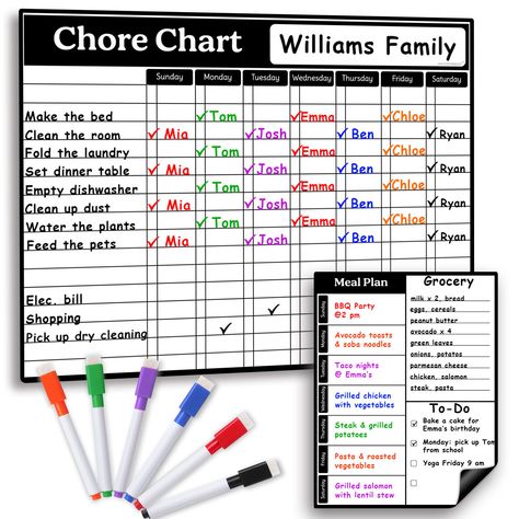 PRICES MAY VARY. EVERYTHING YOU NEED: 2 refrigerator white board planners & bonus 6 dry erase markers with eraser caps. ACCOUNTABLE & MOTIVATED KIDS: Responsibility chart that will teach your kids, in a fun way, how to get organized and meet their goals. CHORES BECOME FUN: The reward board keeps the kids on their toes for chores & excited for their check marks. QUALITY MATTERS: Stain resistant surface, wipes easily, strong magnetic backing & flat packaging. GET THE WHOLE FAMILY ON THE SAME PAGE Large Family Chore Chart, White Board Chore Chart Ideas, Chores Board Ideas, Chore Wheel For Family, House Chores List For Adults, Chore Boards For Kids, Roommate Chore Chart, Chore Chart For Adults, Chore Wheel