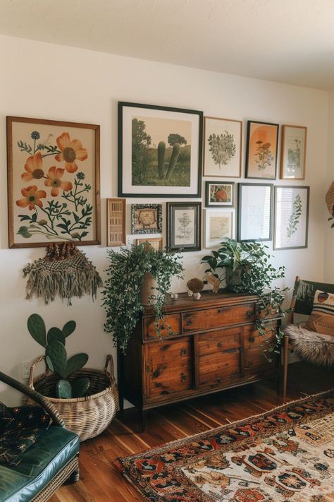 Cozy rustic living room with botanical-themed wall art, vintage wooden dresser, and lush indoor plants, embodying modern rustic decor ideas. Cozy Room Living Room, Retro Country Living Room, Rustic Farmhouse Apartment, Vintage Boho Interior Design, Vintage Modern Boho Decor, Home Decor Ideas Vintage Modern, Cozy Cottage Living Room Farmhouse Style, Rustic Wall Decor Living Room, Retro Farmhouse Decor