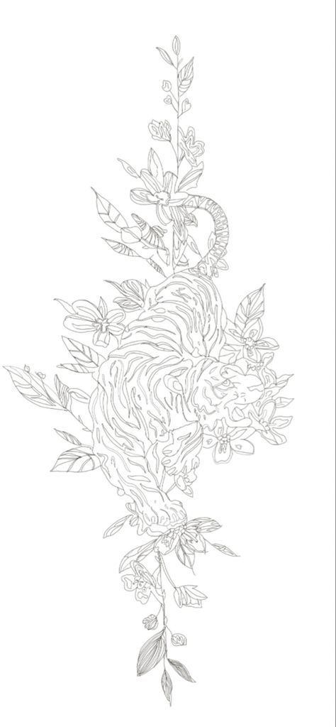 tiger on a branch with flowers and leaves coe the spine. Please enjoy my idea. Please follow me so I can become a young creator. Thank you so much Back Tattoo Women Tiger, Tiger Back Tattoo Woman, Tiger Tattoo For Women Back, Tiger Spine Tattoo, Female Back Tattoos Full, Tiger Tattoo For Women, Tattoos Lily, Tiger Back Tattoo, Tattoos On Side Ribs