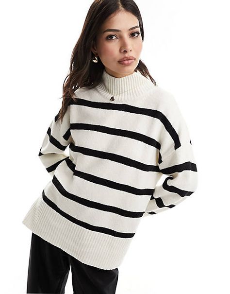 ASOS DESIGN longline jumper with high neck in cream and black stripe | ASOS Work Attire, Striped Jumper Outfit, Longline Sweater, Roll Neck Jumpers, Striped Turtleneck, High Neck Long Sleeve, Knitted Jumper, Jumpers For Women, Knitwear Women