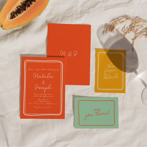 Bold Wedding Invitations hand-written bright orange retro unique wedding  i invitation modern chic minimalist boho whimsical simple basic informal casual calligraphy classic template simple 70s 60s elegant creamy typography bold bright wedding suite text based seventies hand written colorful fun retro sophisticated romantic minimal vintage classy digital e-invitation suite mix match spring summer orange sophisticated vivid 80s wording Fun Party Invitation, Retro Orange Wedding, Boho Wedding Colorful, Wedding Signage Colorful, Red Orange Wedding Theme, Cabo Wedding Invitations, Wedding Invitation Colorful, Colorful Wedding Invites, Eclectic Wedding Invitations