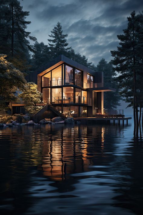 Lake House Aesthetic Dark, Cabin On Water, Secluded Lake House, Lake House At Night, House Lake Forest, Cabins In The Woods Near Water, Sauna Bathroom Design, Wood Cabins, Modern Log Home