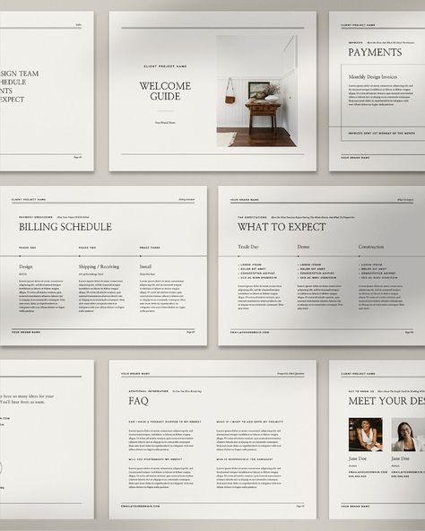 We're showcasing our newly launched templates for interior designers, including a customizable Welcome Guide and Goodbye Packet for a branded experience. Interior Design Template, 포트폴리오 레이아웃, Presentation Design Layout, Interior Design Process, Interior Design Presentation, Documents Design, Presentation Layout, Interior Design Business, Proposal Templates