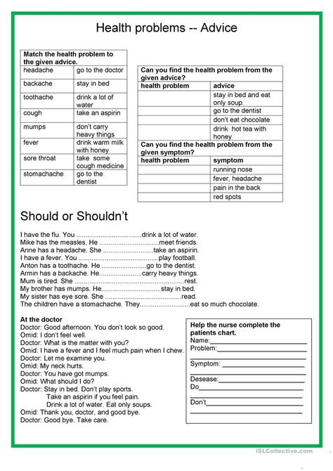 Health problems - advice - English ESL Worksheets for distance learning and physical classrooms Zero Conditional, Middle School Reading Comprehension, Giving Advice, 23rd March, Health Care Tips, English Exercises, Grammar Practice, Learn English Grammar, Middle School English