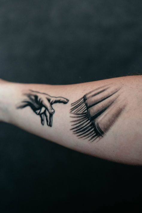 Hem Of His Garment Tattoo, God And Adam Hands Tattoo, Creation Of Adam Tattoo Bicep, Creation Of Adam Tattoo Ribs, Adam’s Creation Tattoo, The Hem Of His Garment, Hem Of His Garment, Biblical Tattoos, The Hand