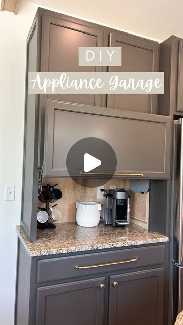 Paige Bower | Budget DIY + Custom Carpentry + Design on Instagram: "Our DIY appliance garage cabinet is done (aside from adding crown)!! 

This project was all about mixing existing with new…building a cabinet (something we’ve done many times) & door to match the rest of our kitchen (something that was a lot of trial and error).

We love trying new projects because they continue to help us learn & grow in our profession and it allows us to share it with all of you!

Have you thought of adding an appliance garage cabinet to your space?

#diyappliancegarage #appliancegarage #diycabinet #countercabinet #blumhinges" Microwave Bottom Cabinet, Appliance Garage Storage, Appliance Garage Hardware, Recessed Appliance Garage, Cabinet Garage Kitchen, Kitchen Coffee Cabinet Ideas, Kitchen Cabinets That Hide Appliances, Kitchen Hood Cabinet Ideas, Instant Pot Storage Cabinet