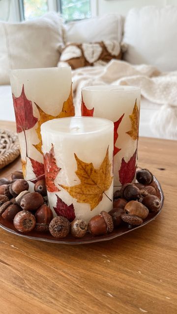 Autumn Home Decor Diy, Cottagecore Inspiration, Easy Diy Thanksgiving Decorations, Thanksgiving Centerpieces Diy, Autumn Candles, Fall Cards Handmade, Pretty Leaves, Leaf Projects, Thanksgiving Decorations Diy