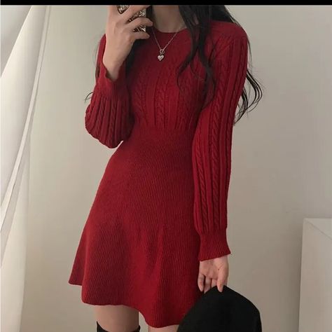 A-Line Knit Sweater Dress. Red Sweater Outfit, Warm Winter Dresses, Cute Mini Dresses, Red Knit Dress, Bold Outfits, Knitted Sweater Dress, Long Sleeve Turtleneck Dress, Christmas Dress Women, Red Sweater Dress