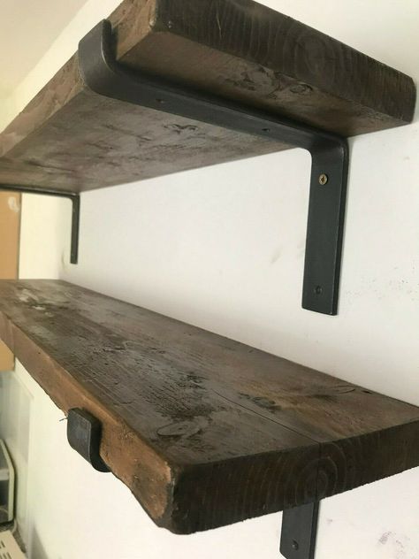 Chunky Shelves, Oak Beam Fireplace, Shelves Industrial, Steel Shelf Brackets, Metal Shelf Brackets, Rustic Shelf, Scaffold Boards, Wooden Wall Shelves, Oak Shelves